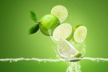 lemonade Splashing on Green lemon fruit isolated on Green background - obrazy, fototapety, plakaty