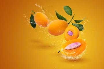 Water Splashing on Fresh sweet marian plum with leaf isolated on orange background - obrazy, fototapety, plakaty