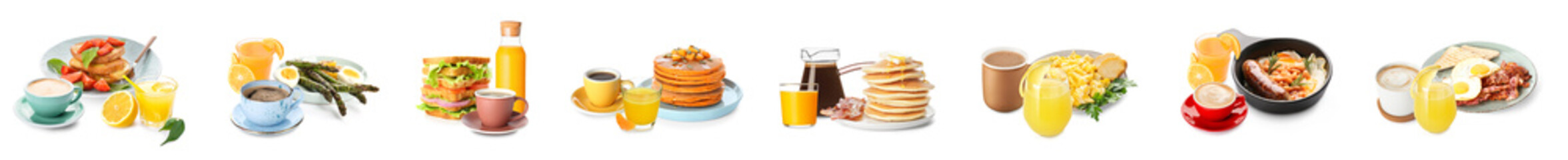 Set of tasty breakfasts on white background