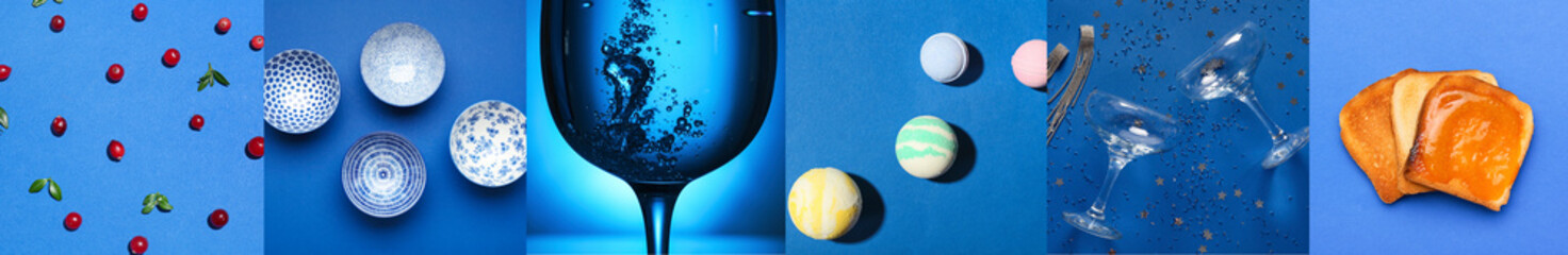 Creative collage of different photos in blue colors