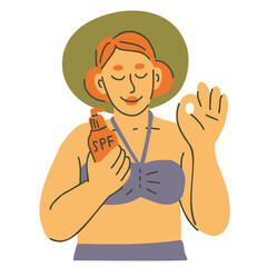 Young woman wearing sun hat and holding SPF bottle. Summer skin care and sun protection. Cartoon vector illustration