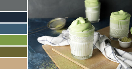 Glass of tasty dalgona matcha latte on table. Different color patterns