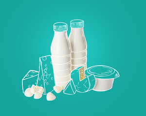 Different dairy products on blue background