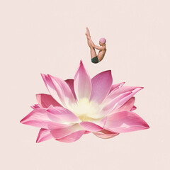 Contemporary art collage. Creative design with man in swimming suit jumping into flower isolated on light pink background