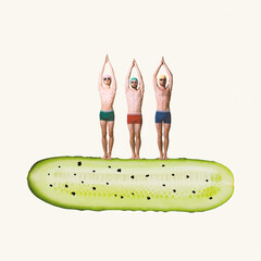 Contemporary art collage. Creative design. Three man in swimming suit standing on cucumber and...