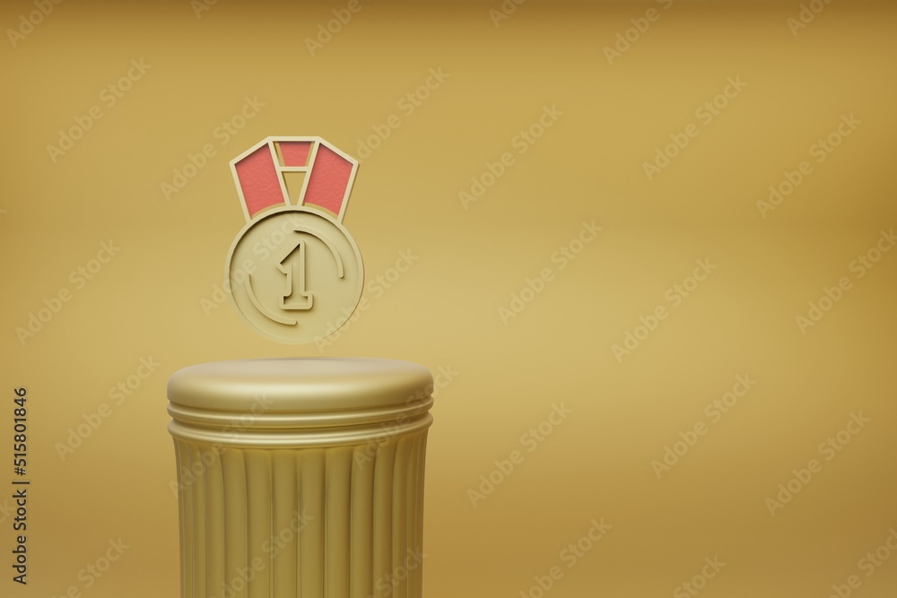 Poster Beautiful abstract illustrations Golden medal  1 first symbol icons on a golden column and wonderful background. 3d rendering illustration. Background pattern for design.