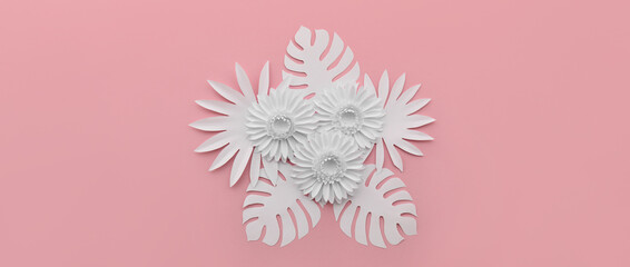 Composition with beautiful paper flowers and tropical leaves on pink background, top view