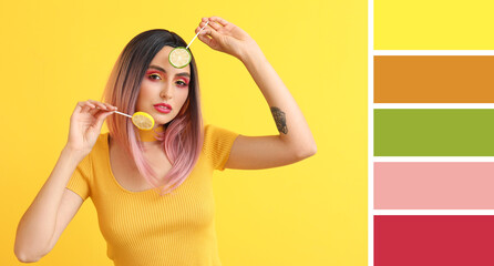 Beautiful young woman in wig and with lollipops on yellow background. Different color patterns