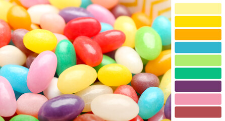 Heap of sweet candies, closeup. Different color patterns