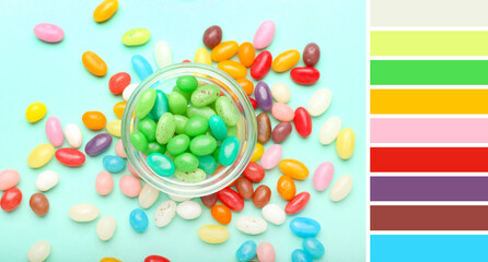 Bowl with sweet candies on light blue background. Different color patterns