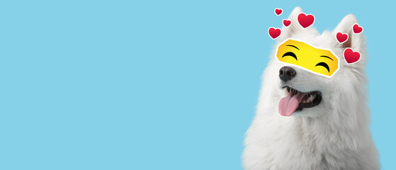 Cute Samoyed dog with drawn eyes on light blue background with space for text