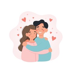 Happy couple concept. Man and woman hugging each other, expressing love, affection, support. Cute illustration in flat cartoon style