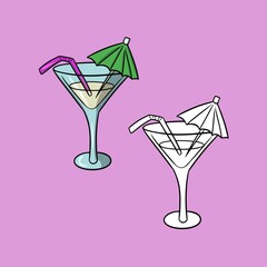 A set of pictures, a glass glass with juice, a martini, an elite drink decorated with a paper umbrella and tubes, vector