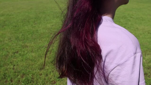 Long loose dark hair shining in the sun with strands dyed lilac developing in the wind on the back of a teenager against the background of green grass on a summer day in nature