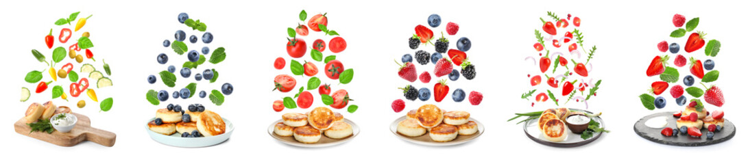 Set of tasty salty and sweet cottage cheese pancakes with vegetables and berries isolated on white