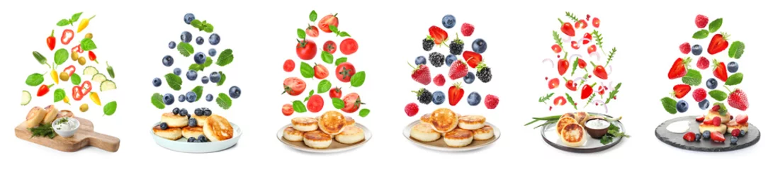 Photo sur Plexiglas Légumes frais Set of tasty salty and sweet cottage cheese pancakes with vegetables and berries isolated on white