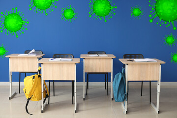 Interior of modern empty classroom. Coronavirus epidemic