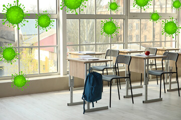 Interior of modern empty classroom. Coronavirus epidemic