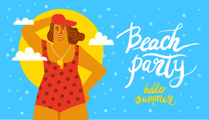 poster with handwritten lettering beach party, hello summer with bodypositive girl in red swimsuit and cap