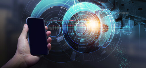 The glow light data digital of car disc brake parts and functions with Disc brake and Drum system in dark background. 3D illustration in Technology concepts.