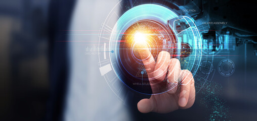 The glow light data digital of car disc brake parts and functions with Disc brake and Drum system in dark background. 3D illustration in Technology concepts.