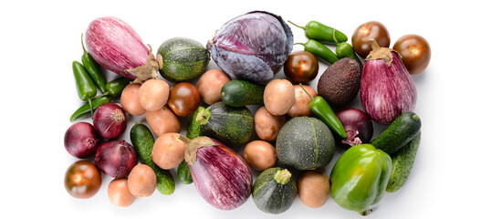 Assortment of fresh vegetables on white background