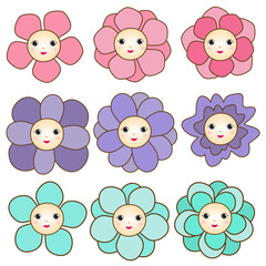 Fototapeta premium Colored flowers with cute smiling cartoon faces