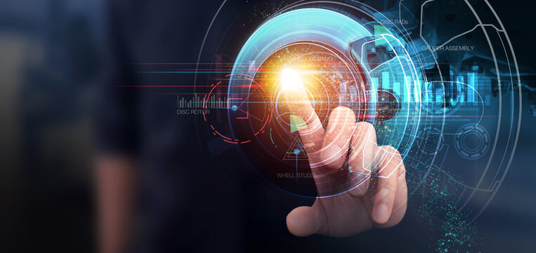 The glow light data digital of car disc brake parts and functions with Disc brake and Drum system in dark background. 3D illustration in Technology concepts.