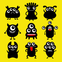 Monster icon set. Happy Halloween. Cute kawaii cartoon funny baby character. Black silhouette. Sticker print template.. Eyes, horn, fang teeth tongue. Flat design. Black background.