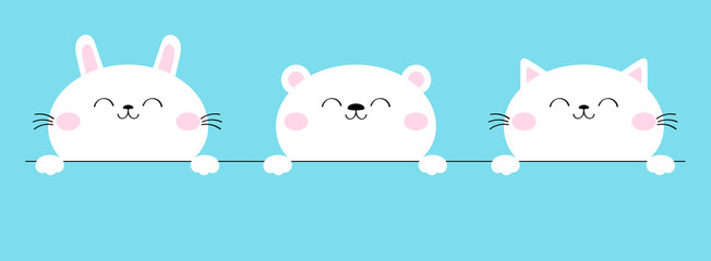 White cat kitty, kitten, bear cub bunny rabbit icon set. Cute kawaii animal. Cartoon baby character. Funny face head, paw hands. Kids print for poster, t-shirt cloth. Flat design. Blue background.