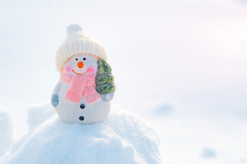 Merry christmas and happy new year greeting card with copy-space.Happy snowman decorative cap...