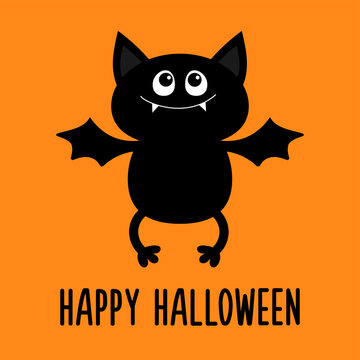 Happy Halloween. Bat flying. Cute cartoon kawaii funny baby animal charater. Black silhouette. Greeting card. Flat design. Orange background. Isolated.