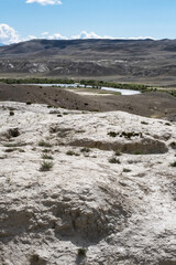 White desert in Altai Republic, named Moon. Nature environment background. Natural white texture of sandstone lunar landscape in Altai Mountains.