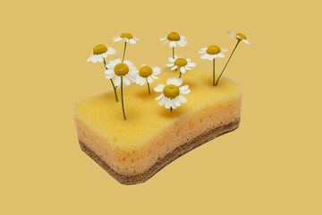Creative concept of eco-friendly natural cleaning products on yellow minimal background with copy space. Coconut cellulose sponge with chamomile flower. Zero waste, ecological save household.