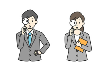 虫眼鏡を持っているビジネスパーソンのイラスト