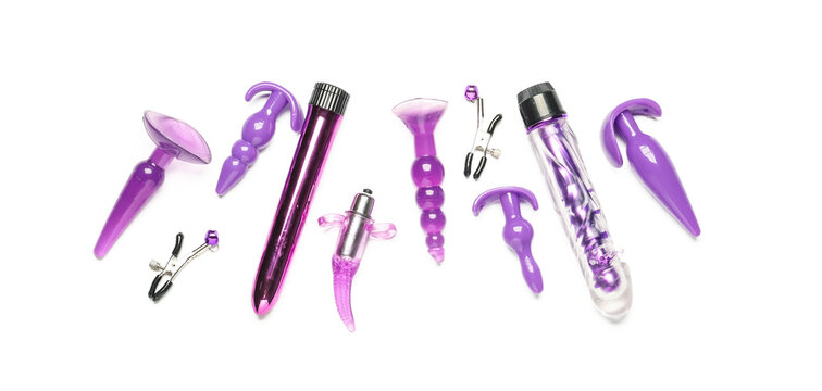 Different Toys From Sex Shop On White Background