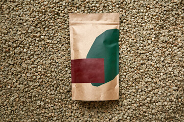 Aromatic green coffee beans and coffee package