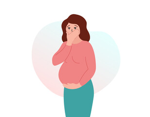 Pregnancy toxicosis. Morning sickness. Pregnant woman suffering from nausea and vomiting. Flat vector illustration