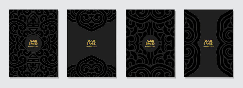 Cover set, vertical vector templates. Collection of black backgrounds with 3d geometric openwork pattern, space for text. Tribal ethnic motifs of the East, Asia, India, Mexico, Aztecs, Peru.