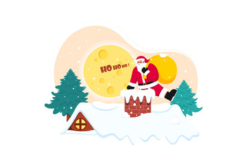 Santa entering in the chimney of the house flat illustration concept on white background