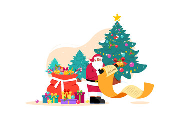 Santa with Christmas gift list flat illustration concept on white background