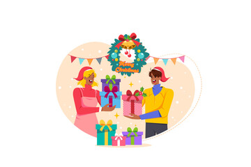 Friends exchanging Christmas presents flat illustration concept on white background