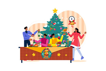 Christmas dinner party flat illustration concept on white background