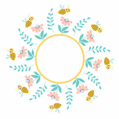 Floral card, round frame with cute bee, flower and plants. Vector illustration for print, napkins, round cards, decor and design.