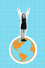 Vertical composite collage picture of positive delighted small girl black white gamma stand small...
