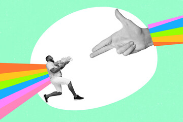Creative collage image of excited guy hold watergun huge arm fingers show gun gesture black white colors pained rainbow