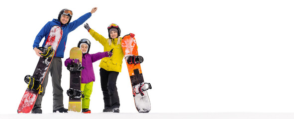 Portrait of happy family with snowboards looking at camera on white background.