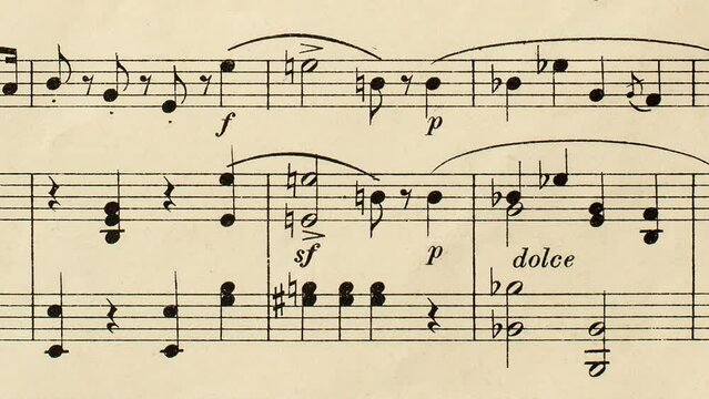 Camera slide over old yellowed music score without lyrics - real paper texture, close up