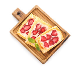 Board with strawberry puff pastries and mint leaves on white background