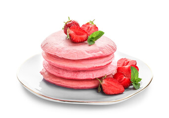 Plate with pink pancakes and strawberry on white background